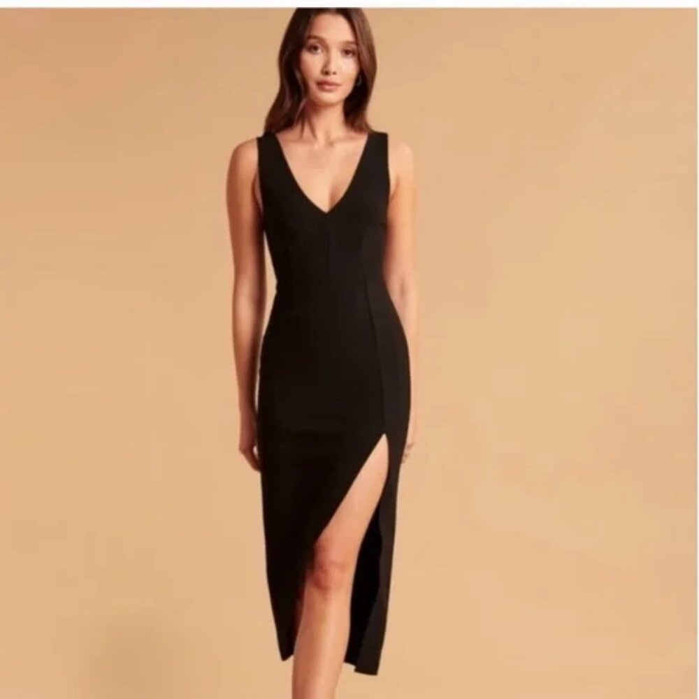 Abercrombie Plunge V-Neck Midi Dress - Black, Size L